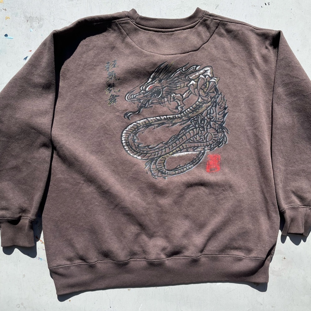 Men's Lustre Sweatshirt Brown Dragon‎ Chinese 2XL Faded Street Traditional Big